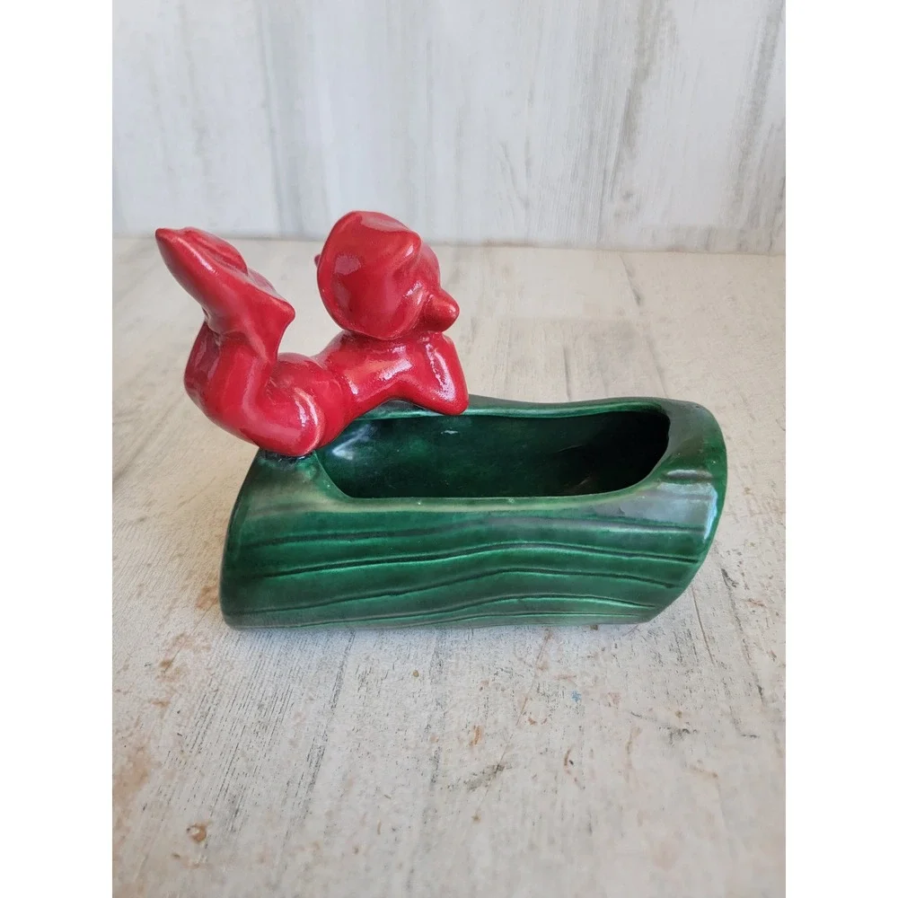 Vintage pixie elf log ceramic planter Xmas home decor art forest figure